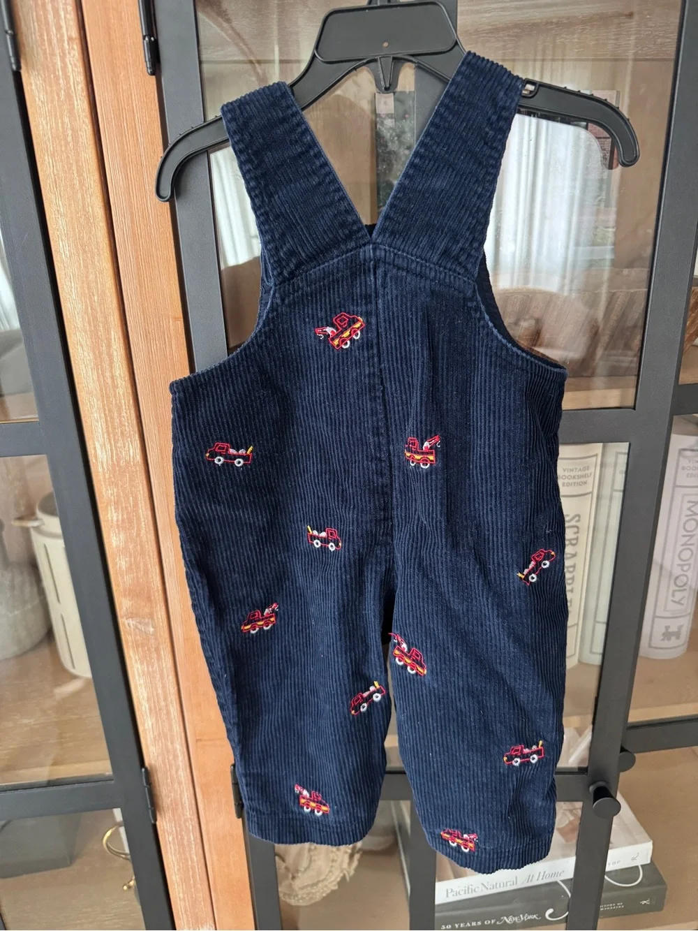 Vintage embroidered baby overalls corduroy navy fire trucks puppy dogs boy